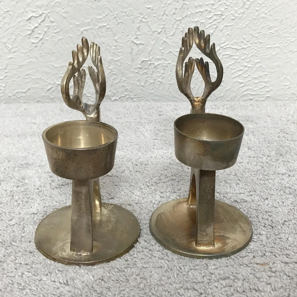 Pair of Silver Plated Brass Deer Reindeer‎ Tealight Votive Candle Holders